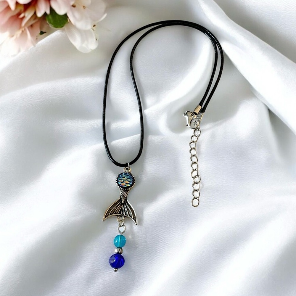 Silvertone Mermaid Tail Necklace Blue Glass Beads Black Cord 19”
